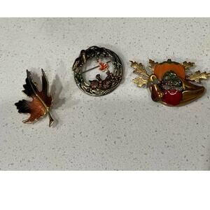 3 Fall Brooch Lapel Pins Wreath‎ with Cat, Leaf and Cornucopia